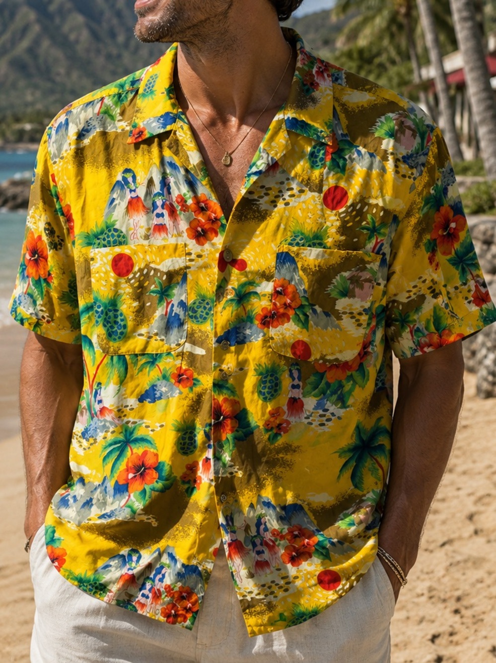 Vintage 60s Kmart Yellow Tropical Floral Hawaiian Tiki Novelty Camp Shirt Rayon
